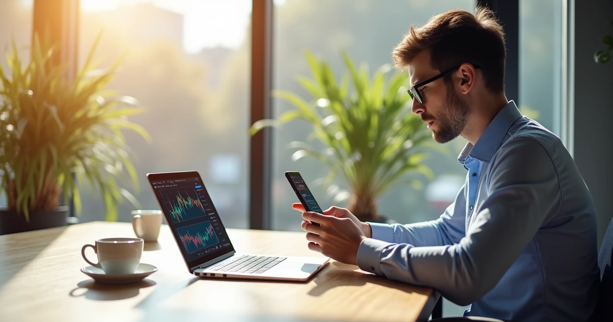 Pessoa usando aplicativo de finanças no celular em ambiente moderno, gráficos na tela, ambiente iluminado 