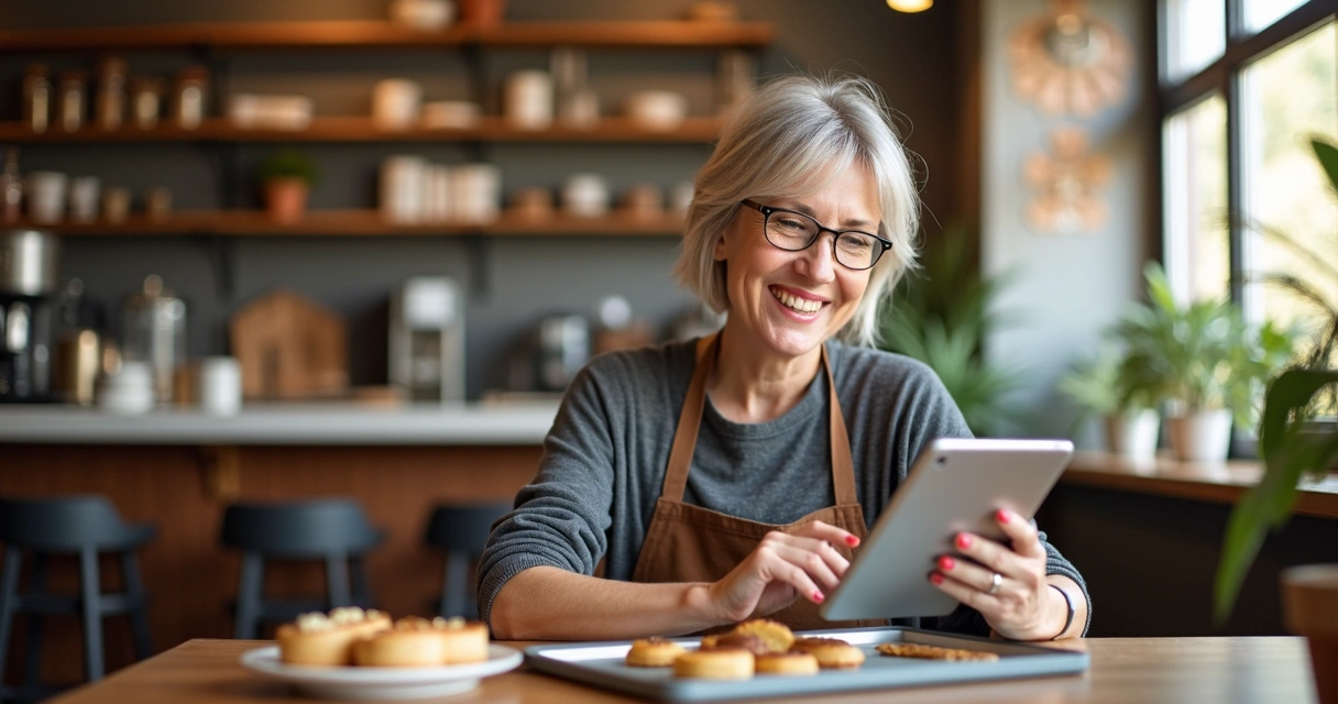 Dona de restaurante usando cardápio digital