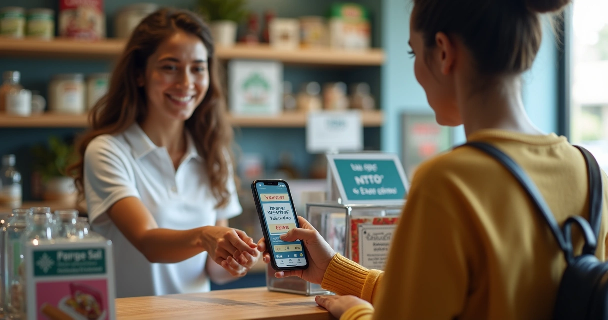 Cliente usando cupom de desconto via aplicativo no caixa de loja 