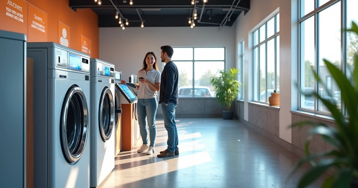 Cliente utilizando máquina de lavar em lavanderia de autoatendimento moderna com painel digital interativo 