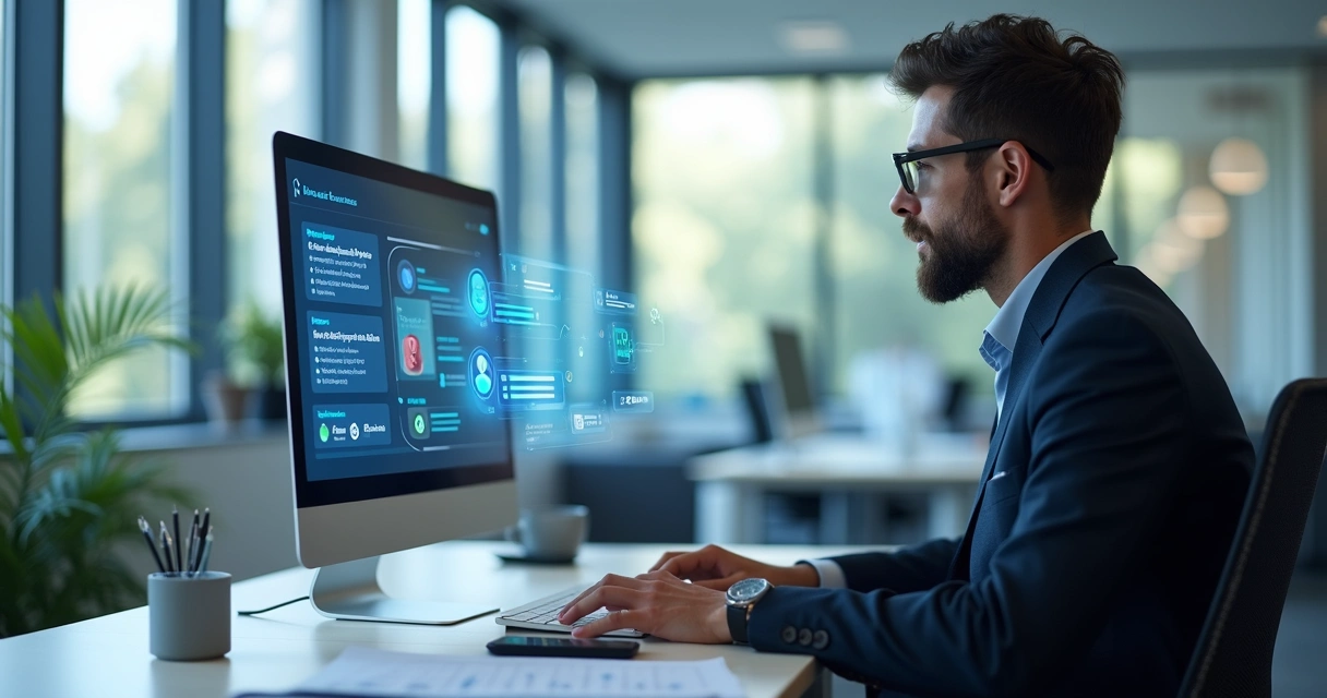 Pessoa usando um computador para acessar portal online de autoatendimento 