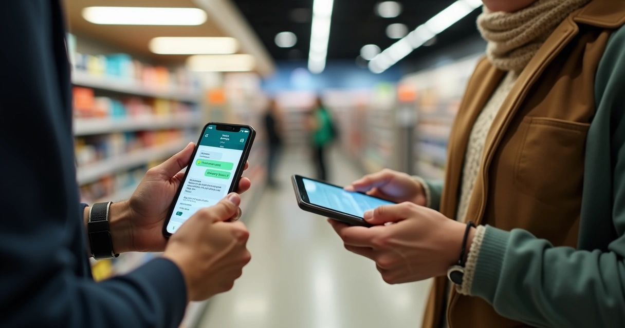 Cliente usando WhatsApp enquanto recebe atendimento em loja 