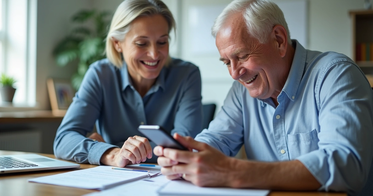Cliente mais velho utilizando aplicativo financeiro no celular, sorrindo, sentado ao lado de um planejador financeiro 