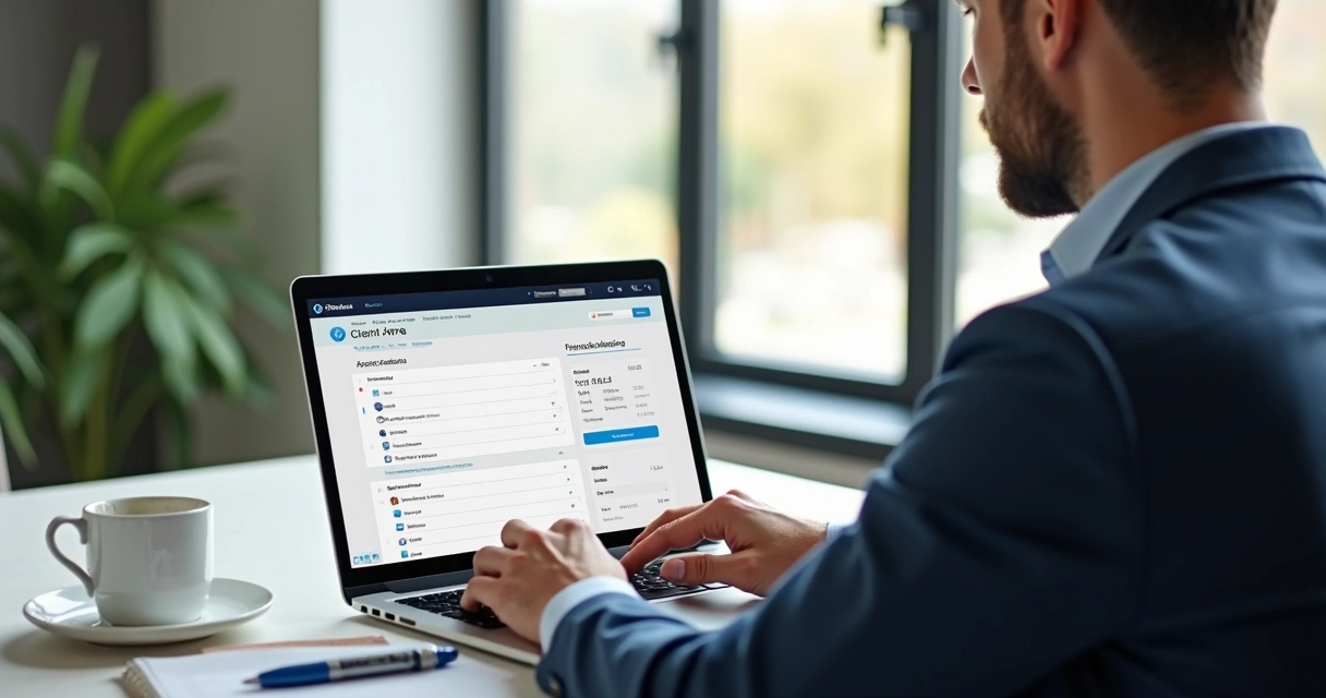 Cliente acessando área digital no site de escritório de contabilidade pelo notebook 
