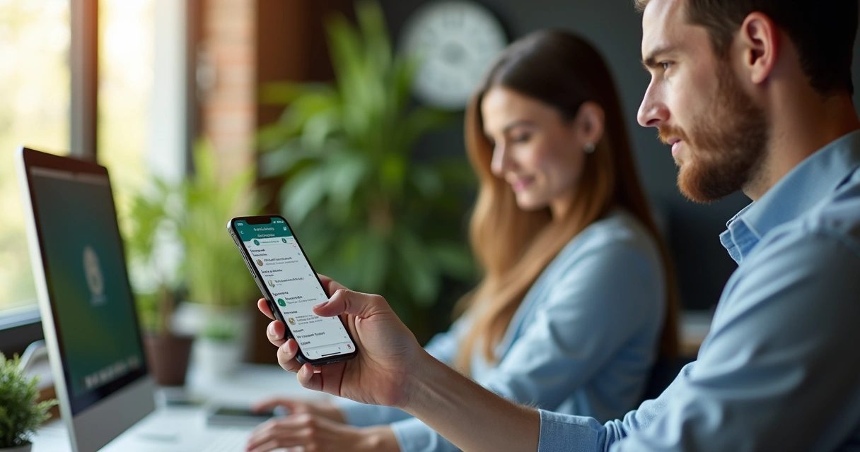 Pessoa olhando mensagem no WhatsApp no escritório 