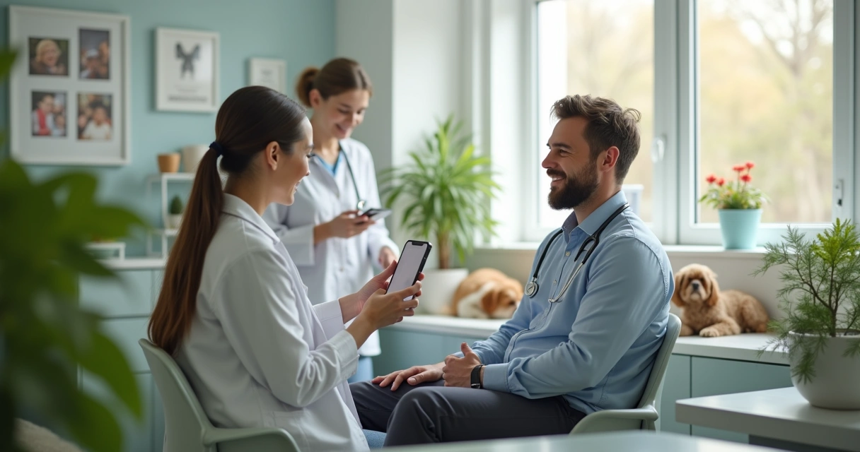 Cliente satisfeito entregando depoimento em clínica veterinária com animais ao fundo