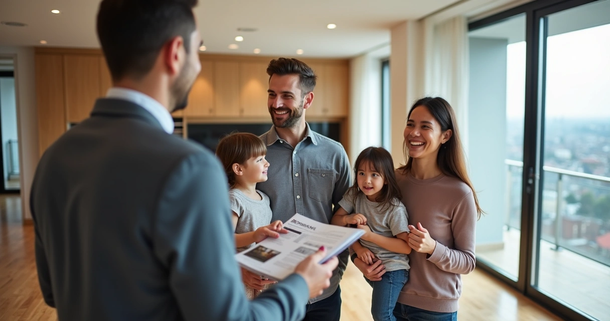 Família visitando imóvel acompanhado de corretor sorridente 