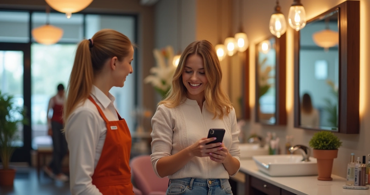 Cliente sorrindo voltando ao salão após convite via WhatsApp 