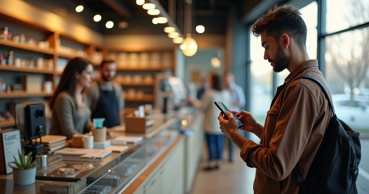 Cliente usando WhatsApp em loja física para consultar preço 