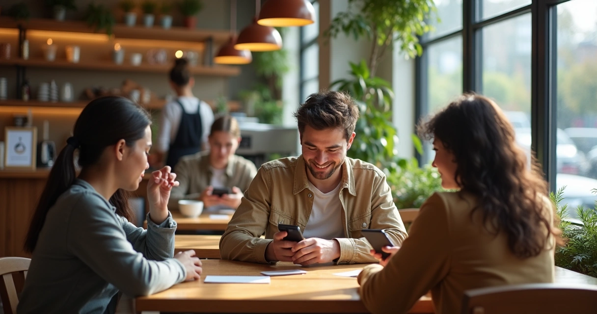 Clientes olhando aplicativo de fidelidade em cafeteria 