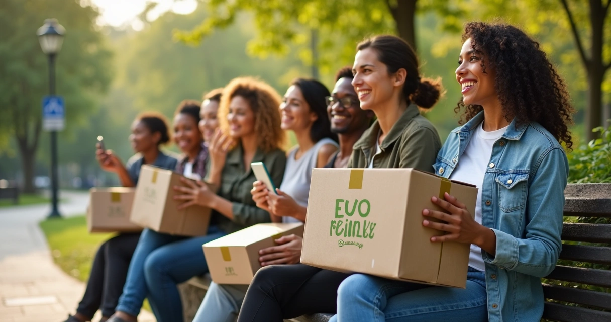 Clientes de delivery sorrindo com embalagens ecológicas nas mãos 