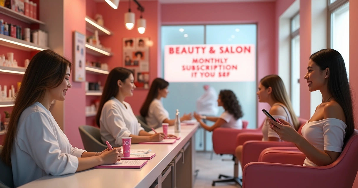 Clientes de salão de beleza felizes após serviço de assinatura mensal 