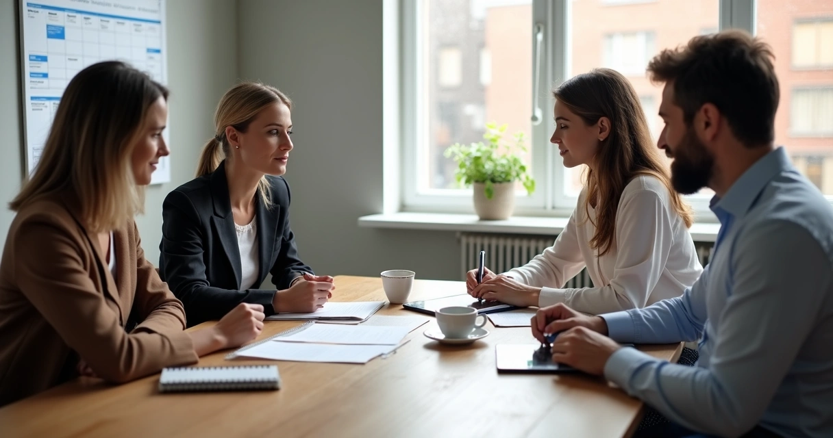 Grupo de clientes reunidos ao redor de uma mesa discutindo contratos de assinatura 