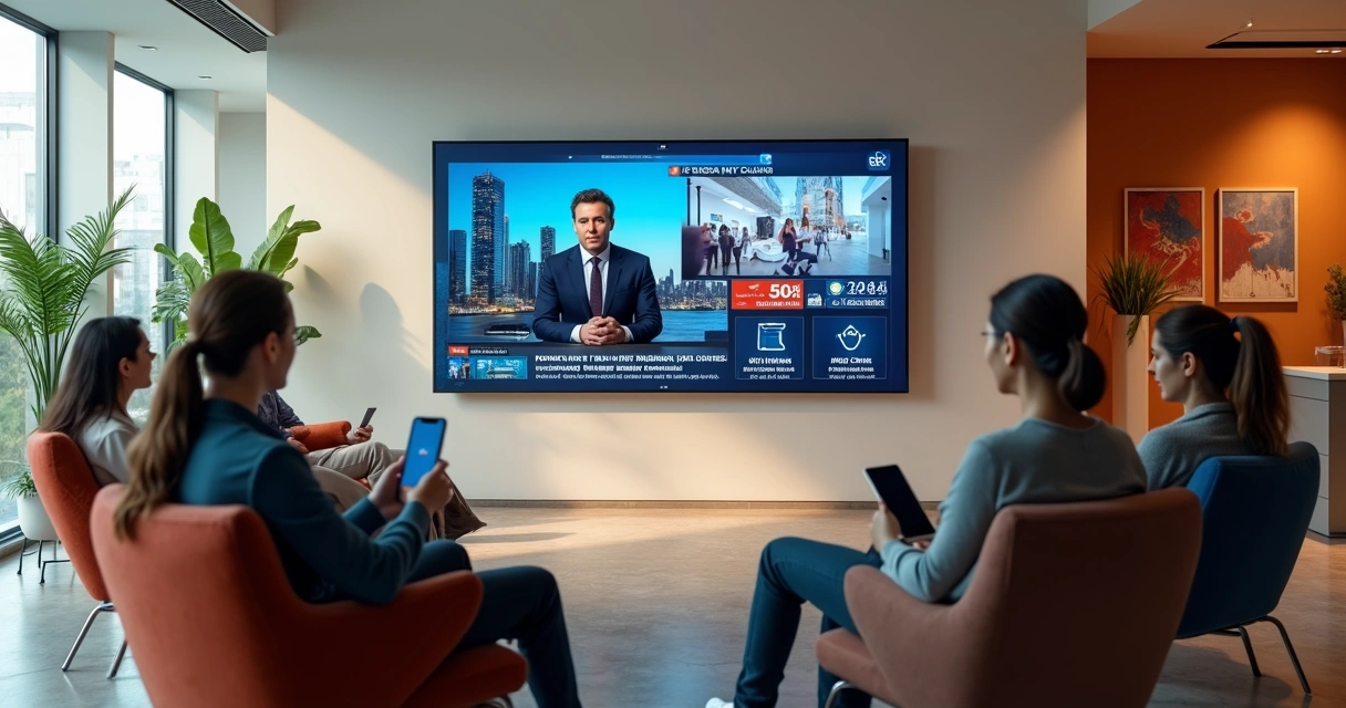 Clientes em sala de espera assistindo notícias em tempo real na TV Indoor 