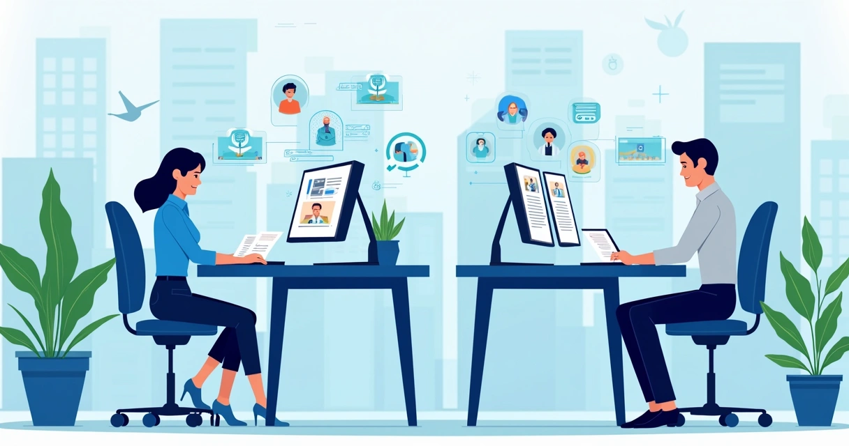 Equipe de atendimento técnico, humana e digital, em ambiente corporativo