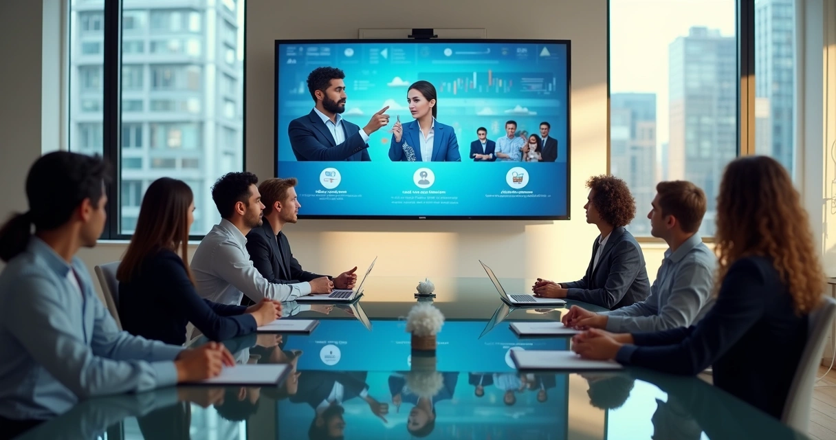 Equipe de vendas apresentando uma proposta digital interativa para clientes em uma sala de reunião moderna 