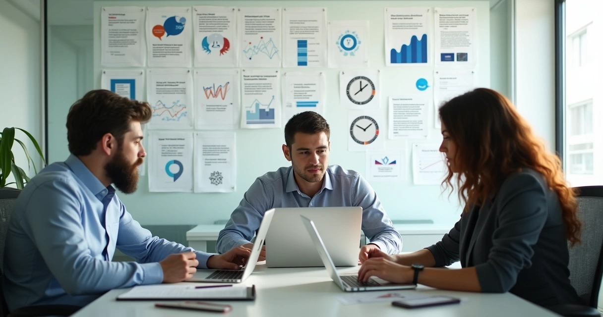 Três empresários em reunião conferindo gráficos e depoimentos de clientes na parede. 