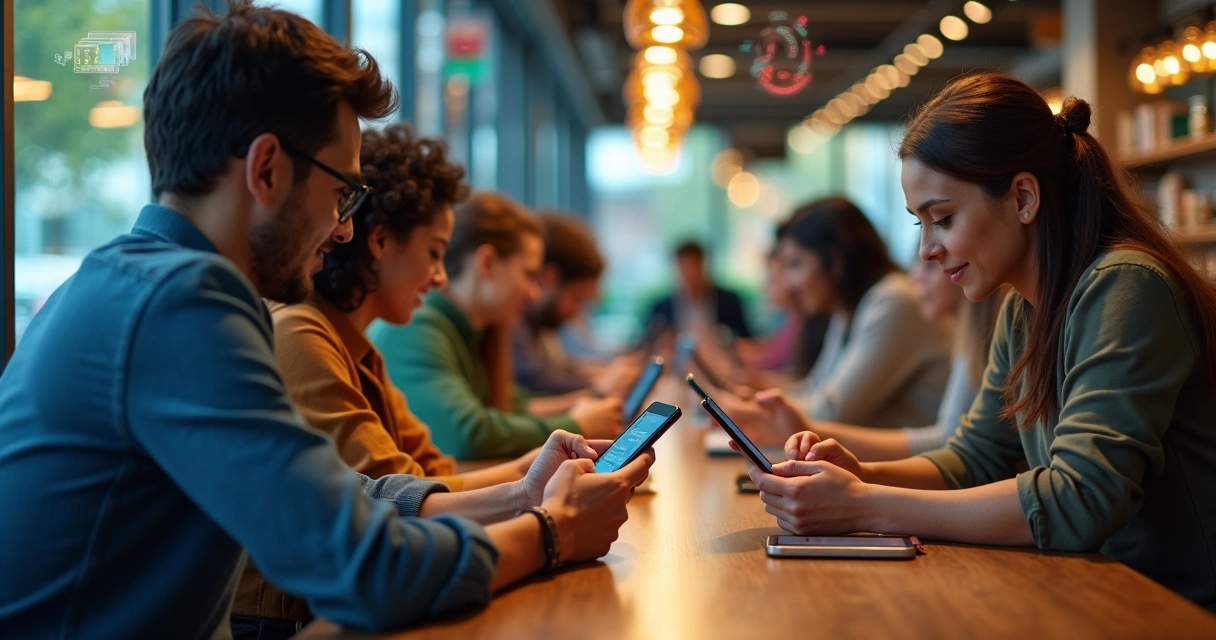 Pessoas usando diferentes aplicativos bancários em celulares 