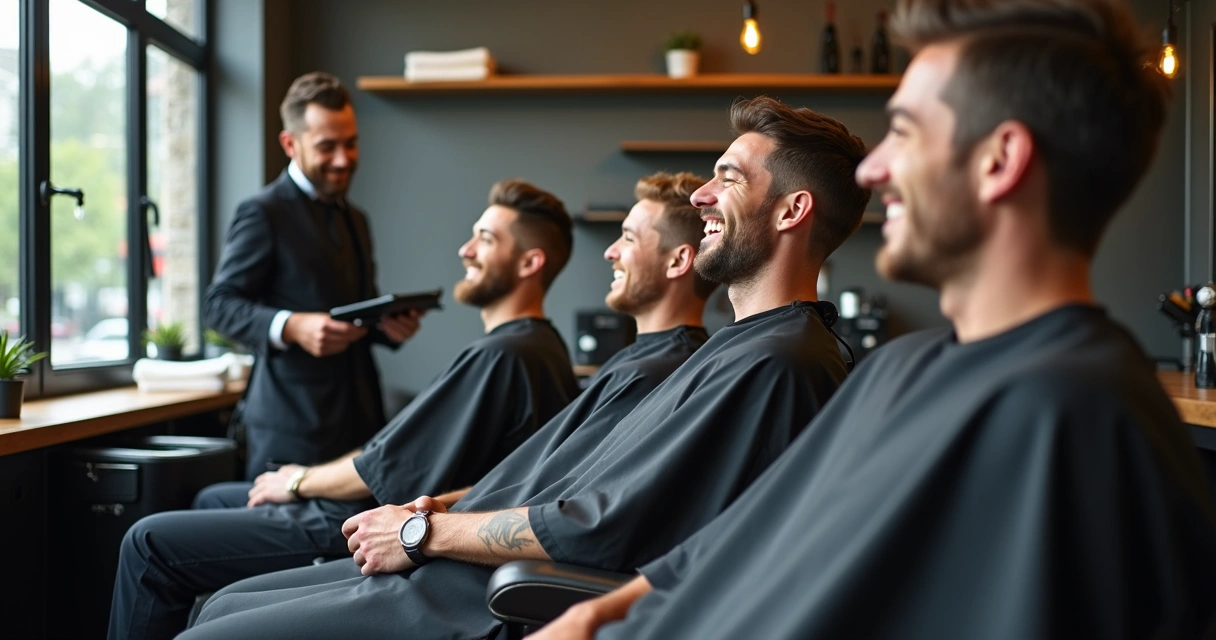 Clientes sentados sorrindo em barbearia moderna