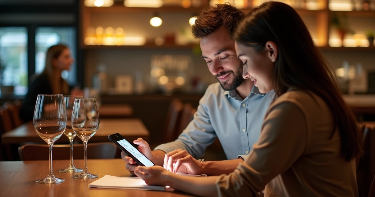 Casal olhando cardápio digital em smartphone na mesa 