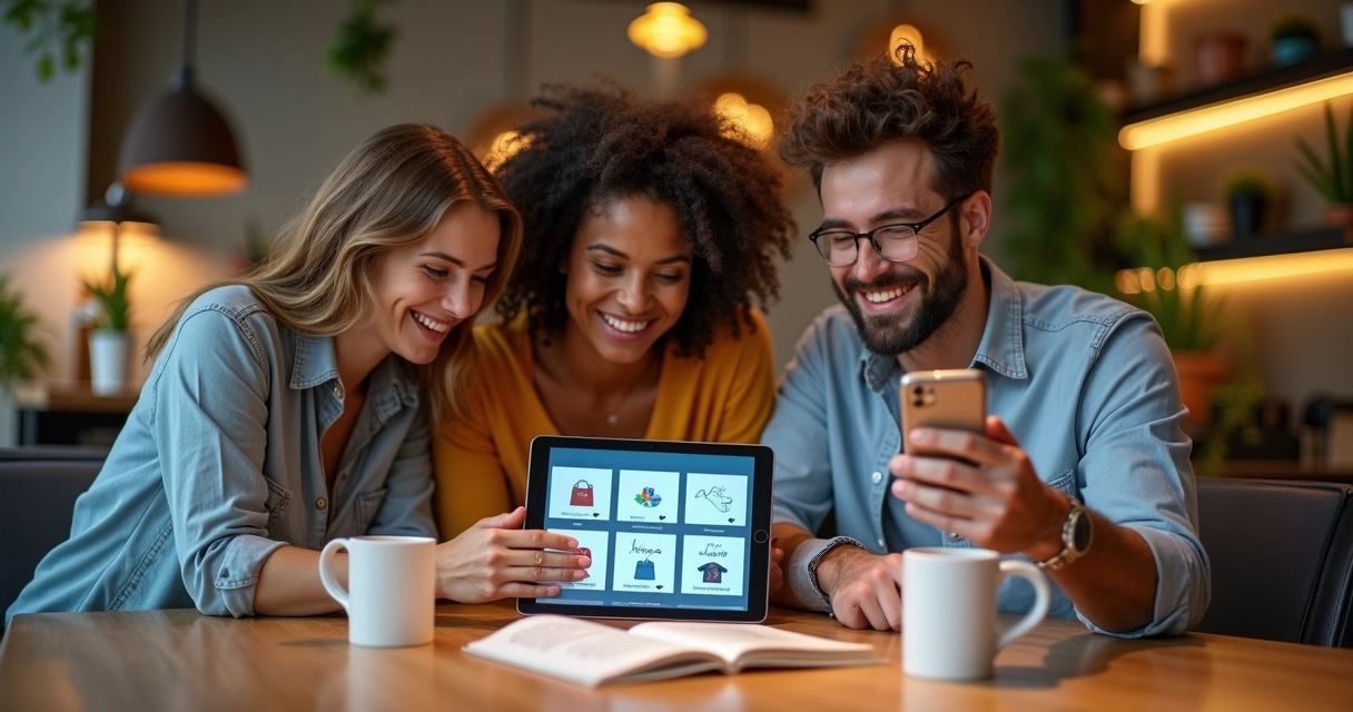 Clientes felizes analisando catálogo digital de personalizados 