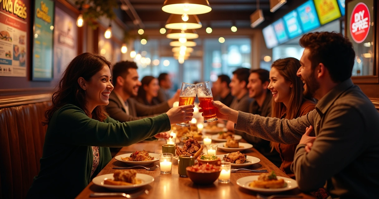 Clientes felizes aproveitando promoção especial em restaurante