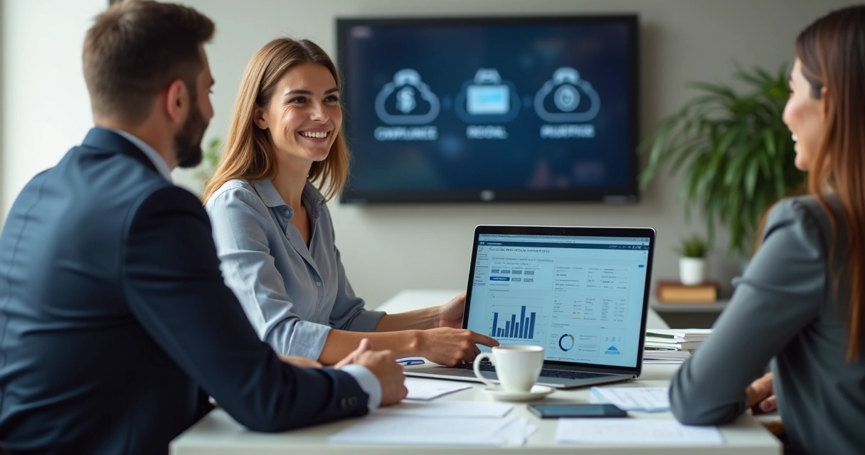 Contador sorridente mostrando dados no notebook para clientes em sala de reuniões 