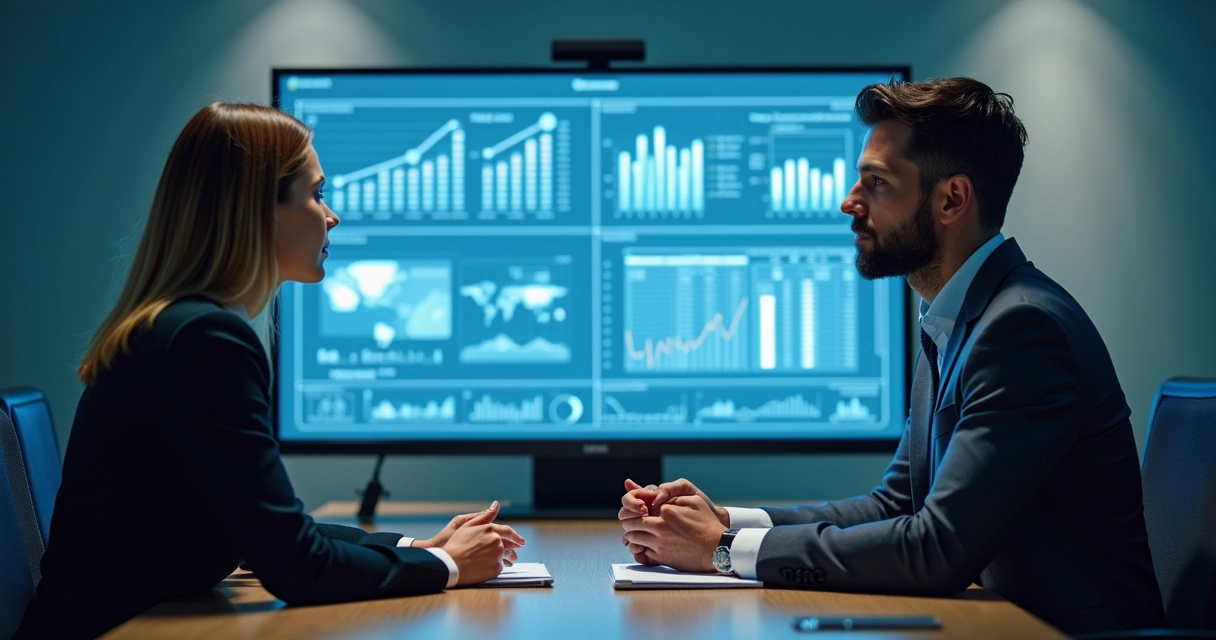 Cliente e contador analisando juntos dados fiscais em tela digital 