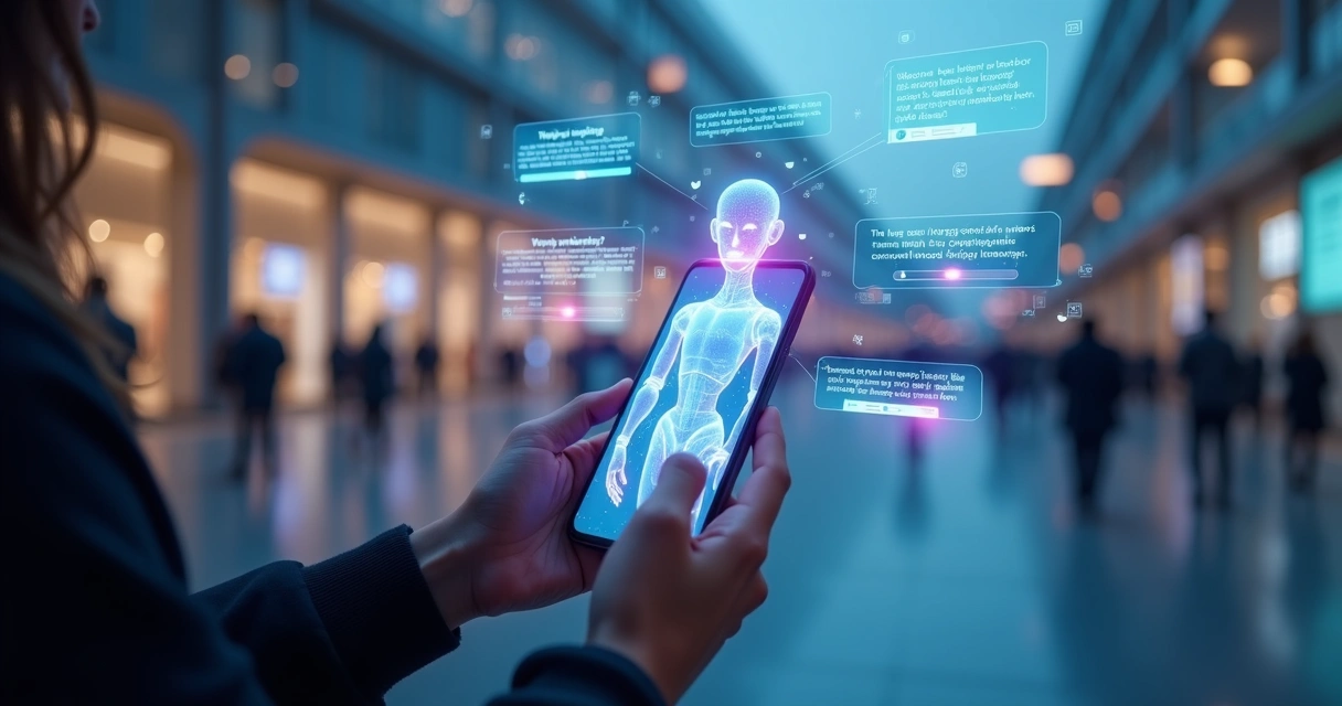 Cliente em smartphone conversando com chatbot de marketing em ambiente futurista 
