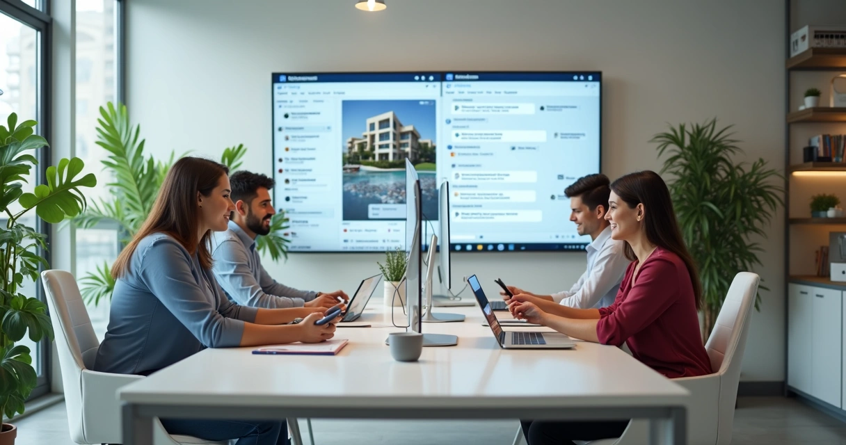 Equipe de corretores conversando em chat digital na imobiliária 