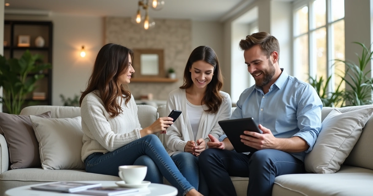 Clientes conversando sobre imóvel em ambiente moderno