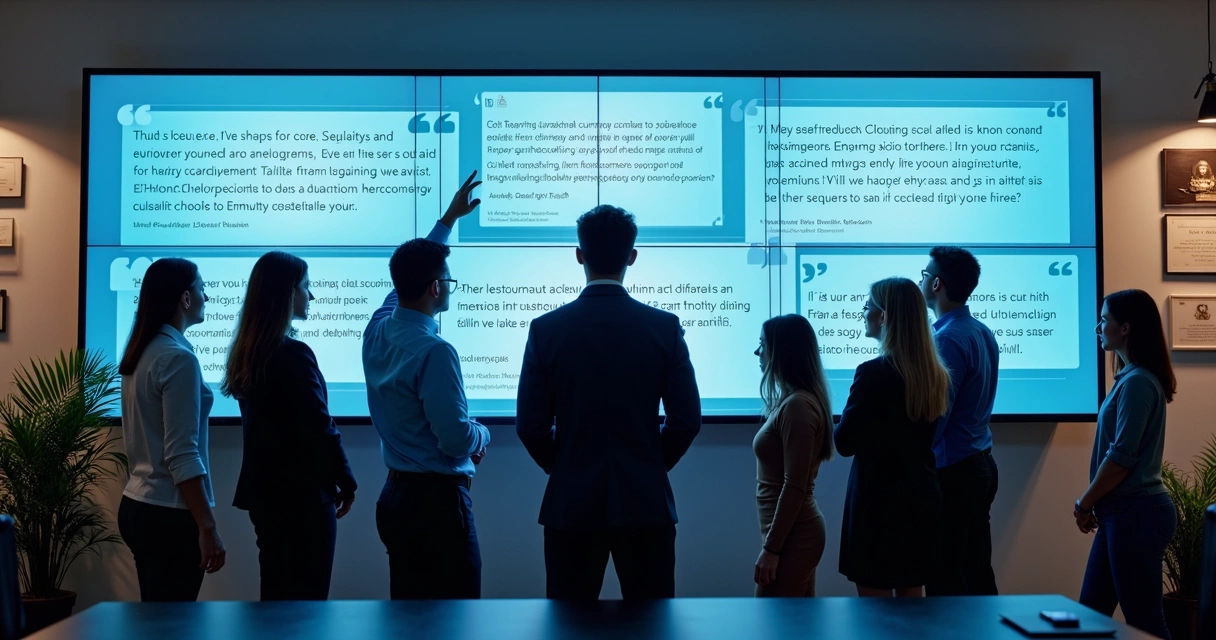 Pessoas reunidas vendo feedbacks escritos em telas grandes