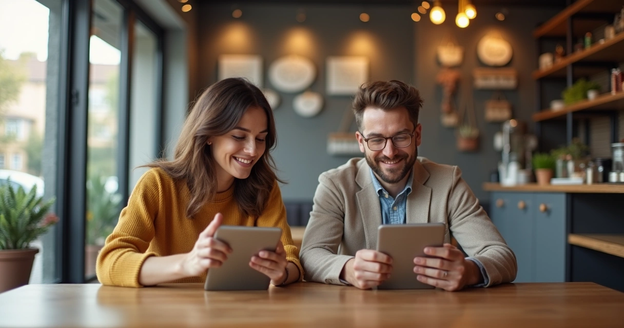 Clientes felizes escrevendo feedback em tablets