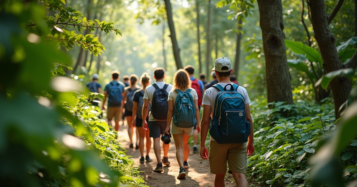 Turistas explorando trilha ecológica em grupo diverso 