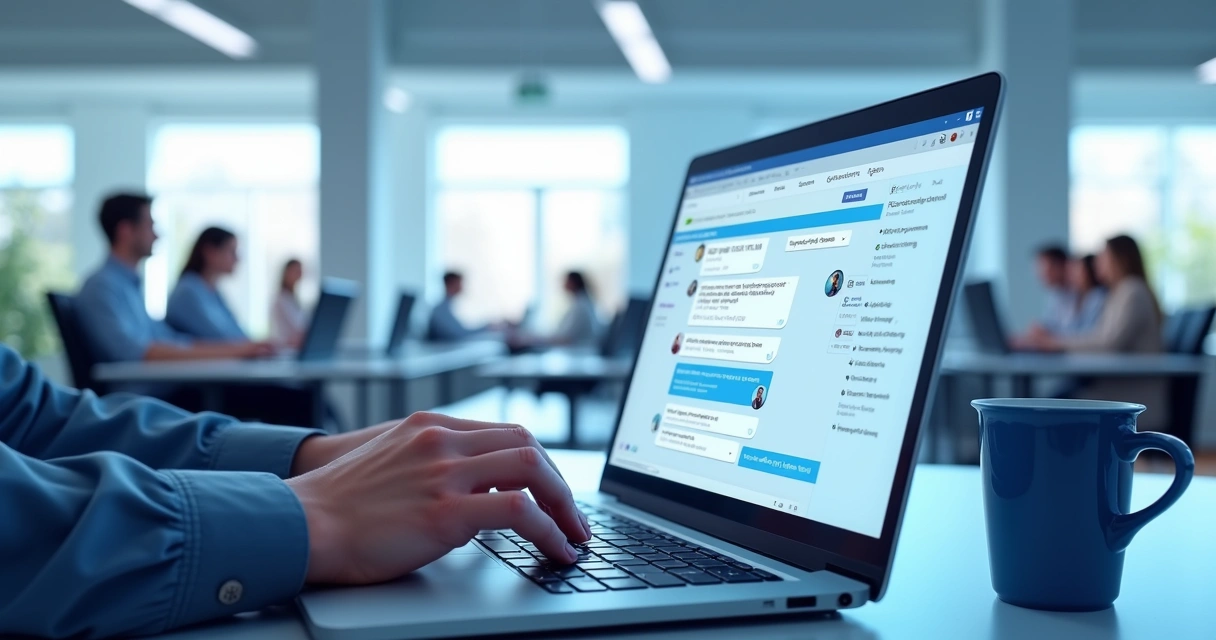 Pessoa digitando em notebook com chatbot na tela, outras pessoas ao fundo também em atendimento 