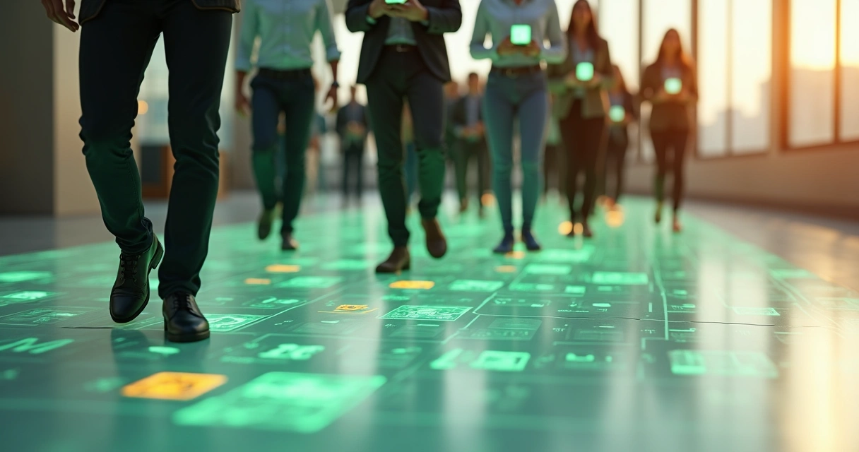 Grupo de clientes caminhando sobre grande calendário com várias datas marcadas 