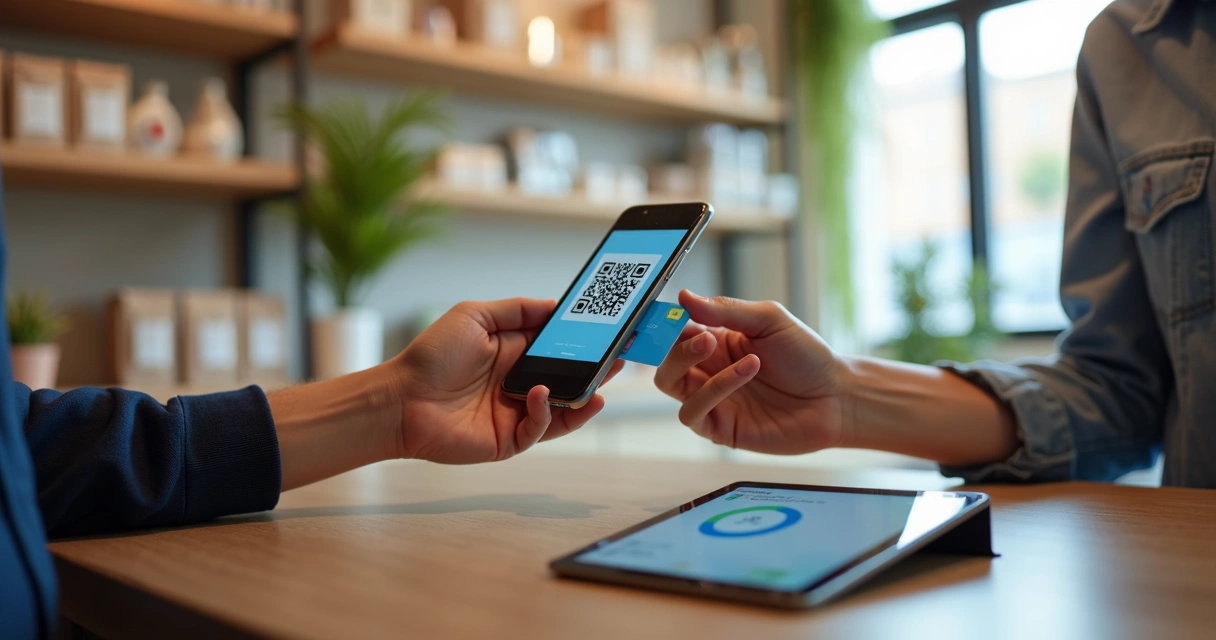 Cliente escaneando código QR de cartão fidelidade digital em loja moderna com ambiente claro e detalhes tecnológicos 