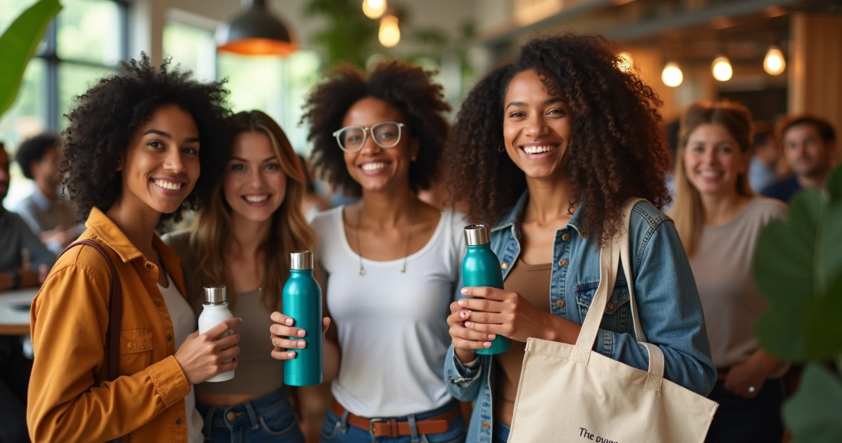 Clientes sorrindo participam de evento em espaço sustentável, usando brindes personalizados 