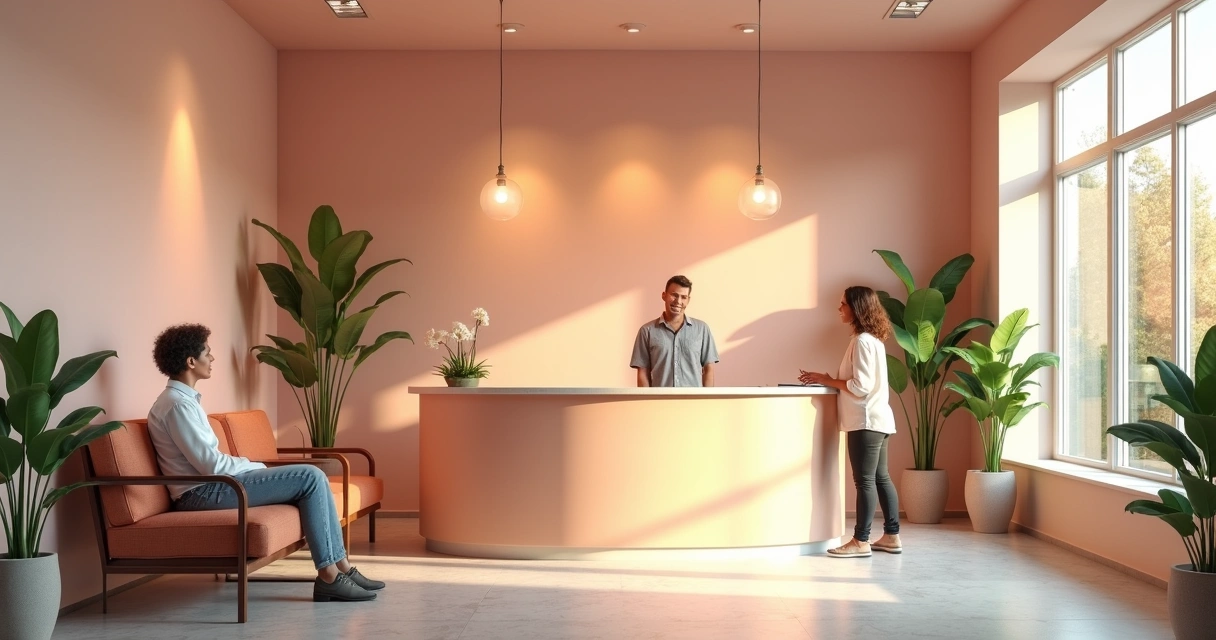 Espaço acolhedor em pequeno negócio com ambiente organizado, iluminação suave e clientes satisfeitos interagindo 