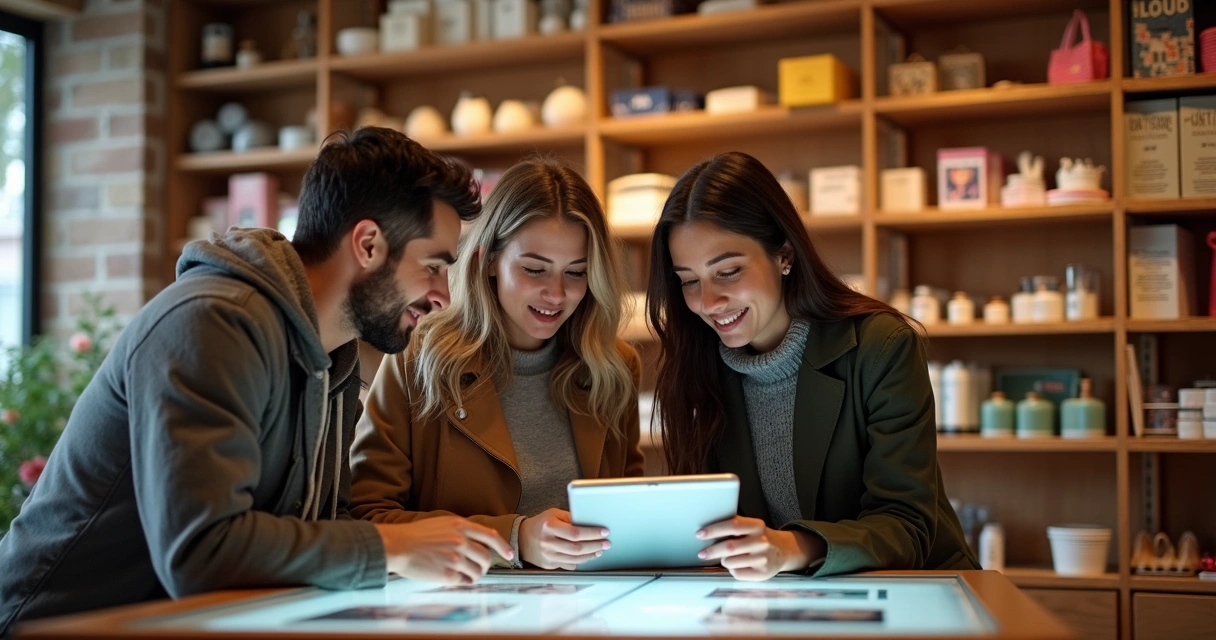 Clientes olhando catálogo digital em tablet 