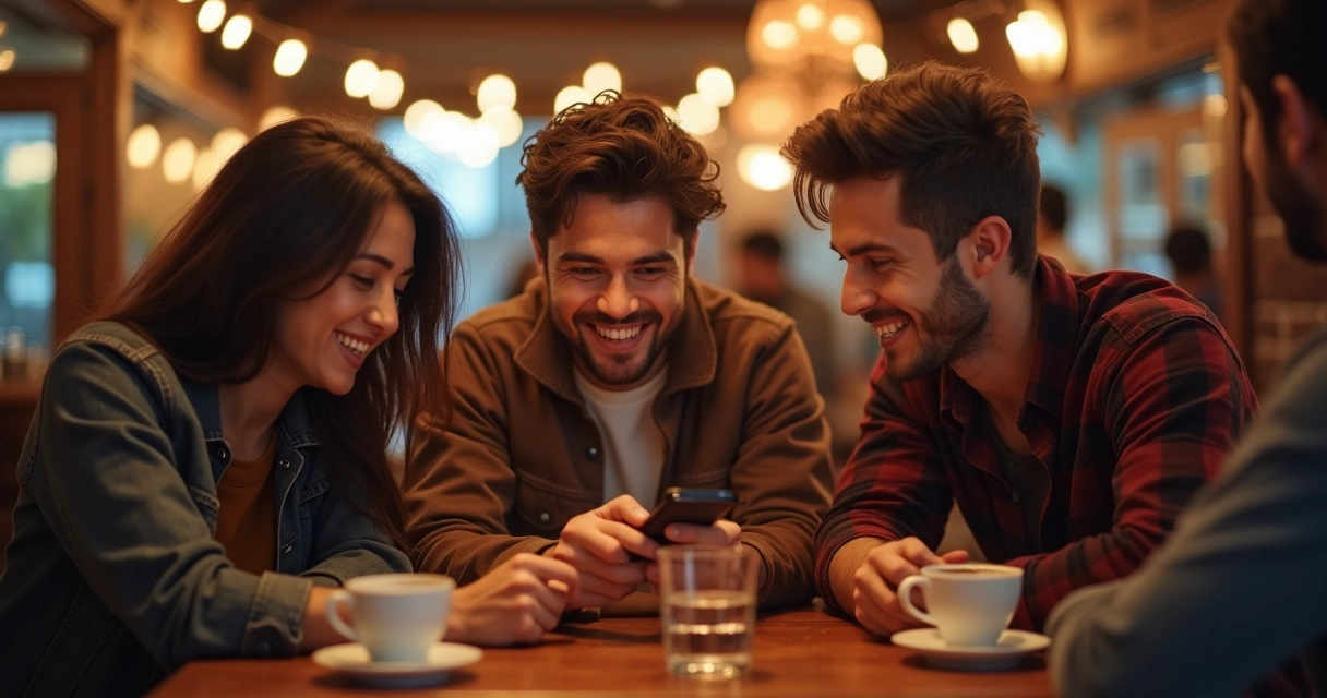 Três pessoas conversando em um bar, parecendo entusiasmadas e sorrindo 