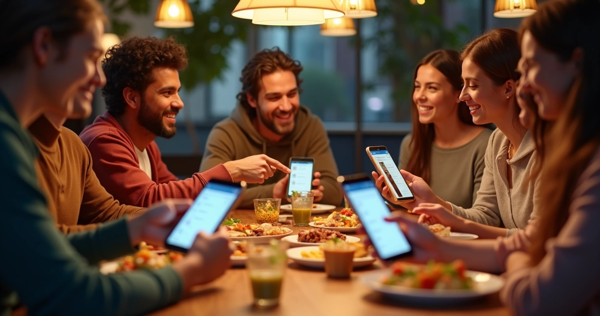 Jovens fazendo pedidos de comida por aplicativo em um ambiente descontraído 
