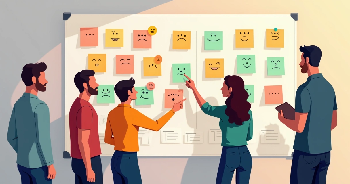 Equipe analisando comentários de clientes em um mural digital