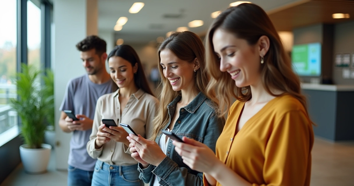 Clientes em condomínio usando celular, felizes, após atendimento automatizado eficiente 