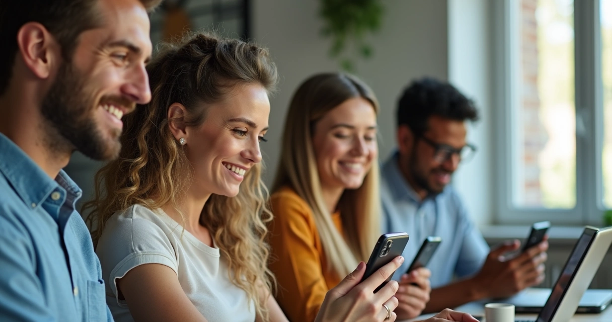 Clientes felizes interagindo via WhatsApp 