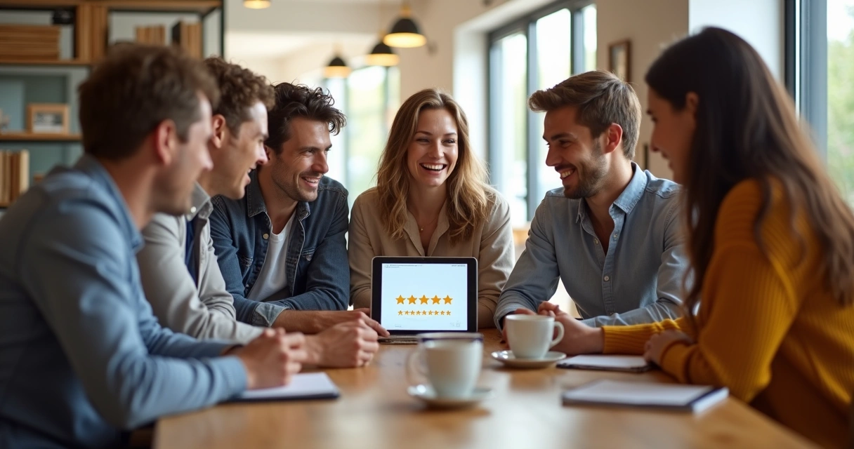 Clientes felizes dando avaliação positiva em tablet mostrando cinco estrelas 