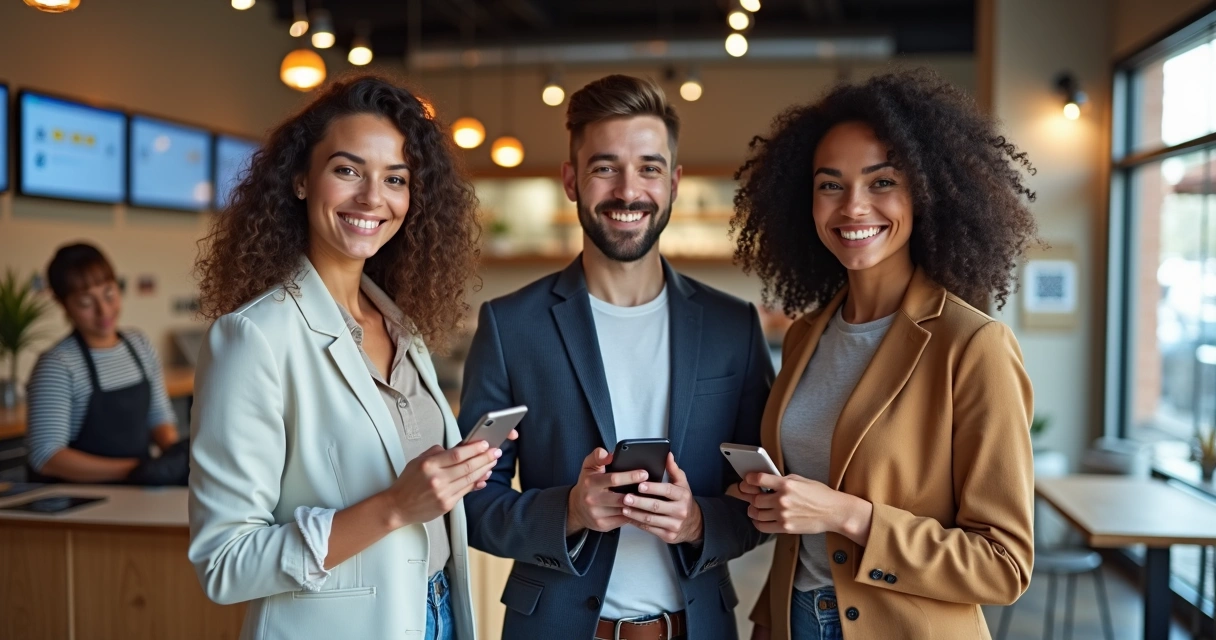 Clientes segurando smartphones avaliando estabelecimento 