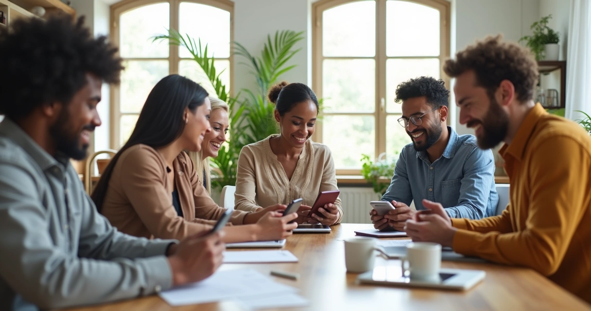 Clientes felizes recebendo documentos digitais no celular 