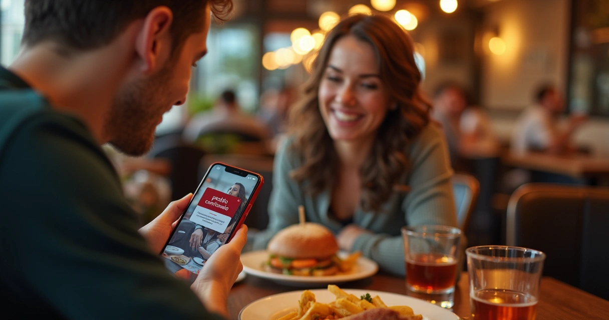 Duas pessoas felizes vendo confirmação de pedido no celular 
