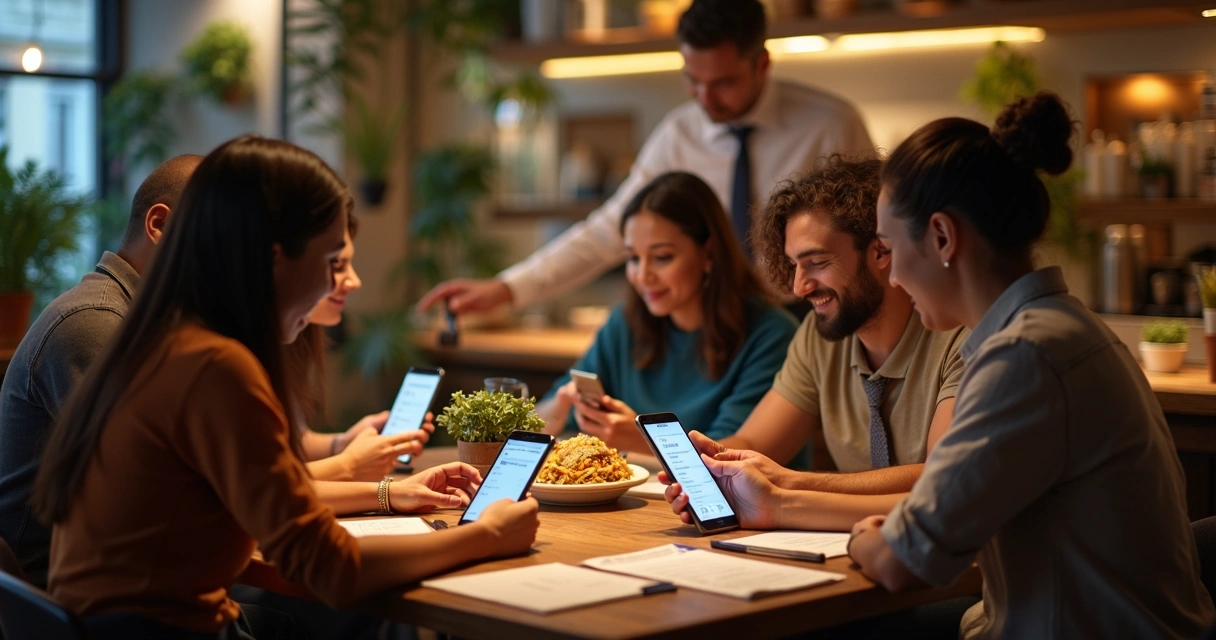Clientes usando celular para atendimento automatizado na mesa 